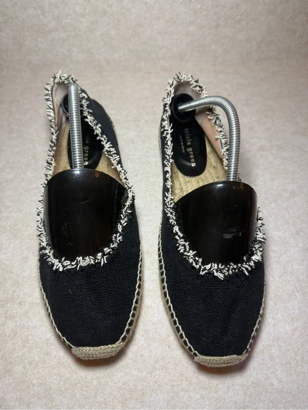 Patricia Green Black Tan Espadrille Mules Flats Loafers Frayed Trim Size US 10